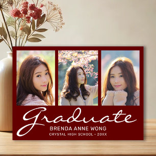 Graduation 3 Photo Collage White Script Red Announcement