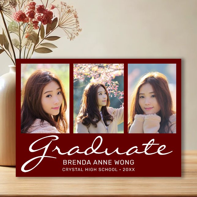 Graduation 3 Photo Collage White Script Red Announcement (Modern 3 Photo Maroon with White Script Graduation Announcement)