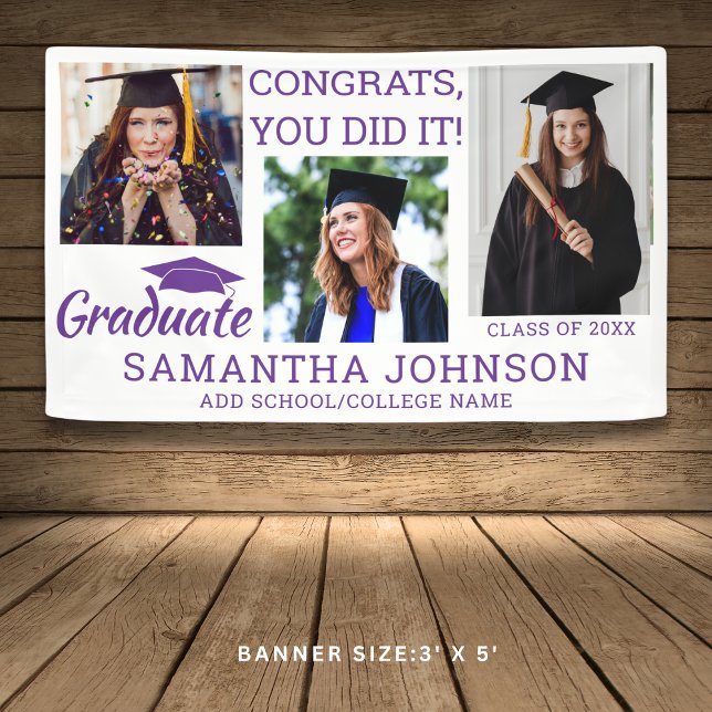 Graduation 3 Photo Congrats Grad 2025 Purple White Banner (Graduation 3 Photo Congrats Grad 2025 Purple White Banner
)