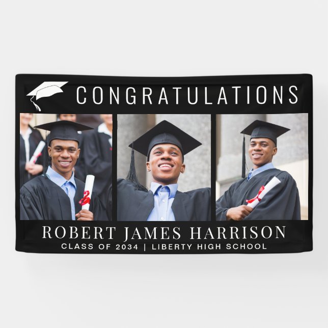 Graduation 3 Photo Congratulations Black Banner (Horizontal)