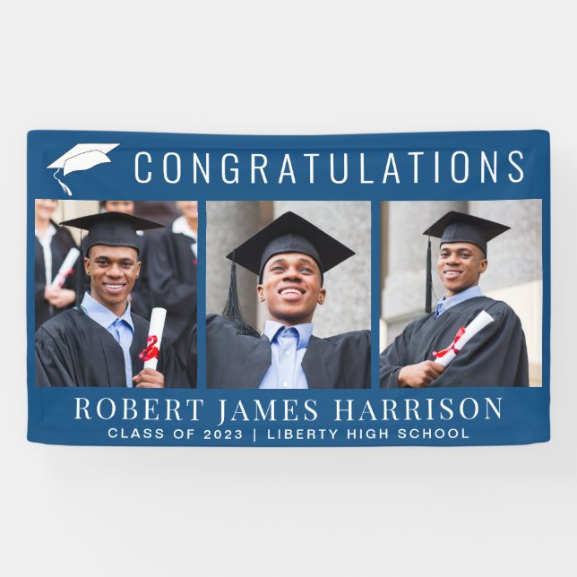Graduation 3 Photo Congratulations Blue Banner (Horizontal)