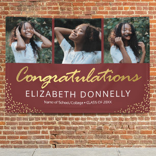 Graduation 3 Photo Modern Burgundy Gold Banner