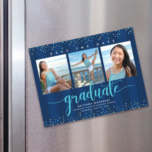 Graduation 3 Photo Navy Blue Save the Date Modern Magnetic Invitation