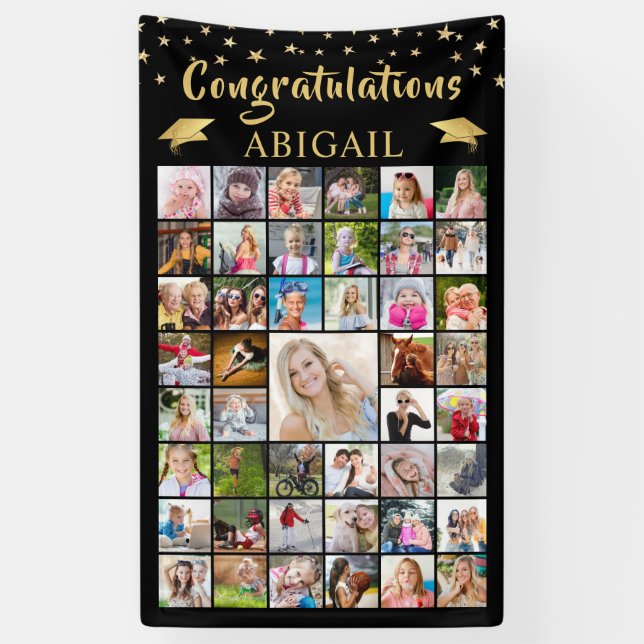 Graduation 45 Photo Collage Black Gold Banner (Vertical)