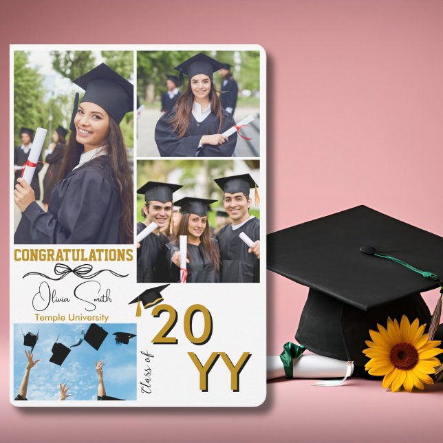 Graduation 4 Custom Photos,Graduate,Gold & White Holiday Card (Creator Uploaded)