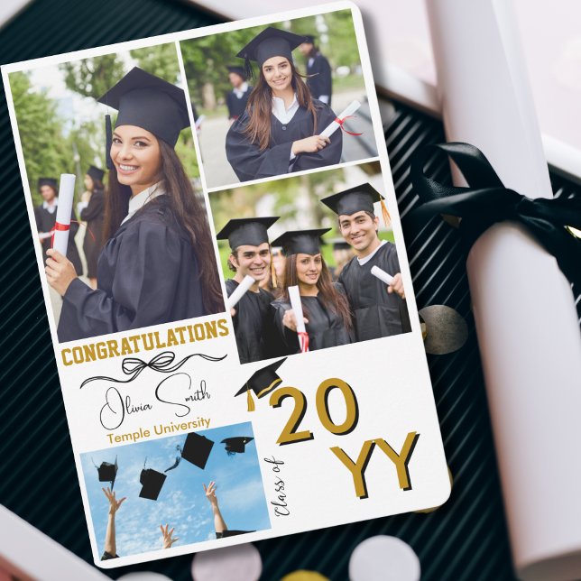 Graduation 4 Custom Photos,Graduate,Gold & White Holiday Card (Creator Uploaded)