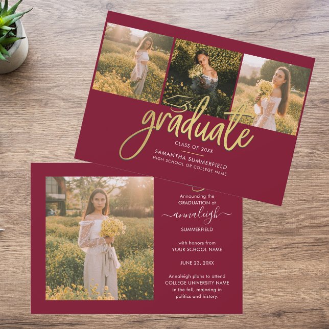 Graduation 4 Photo Collage Class of 2025 Announcement (Graduation 2025 Burgundy Photo Collage Modern Announcement)