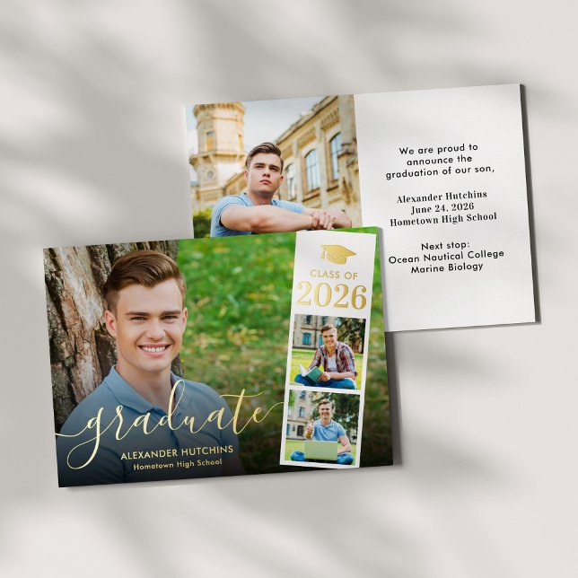 Graduation 4 Photo Collage Gold Foil Announcement (Creator Uploaded)