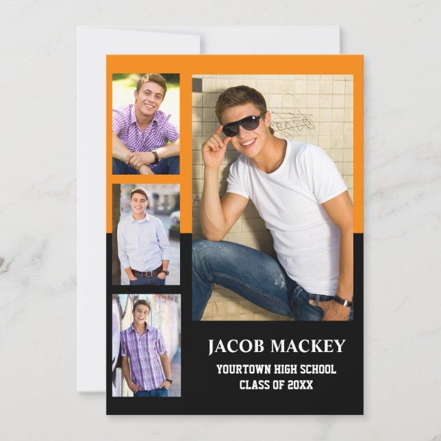 Graduation 4 Photo Collage Orange Black Announcement (Front)