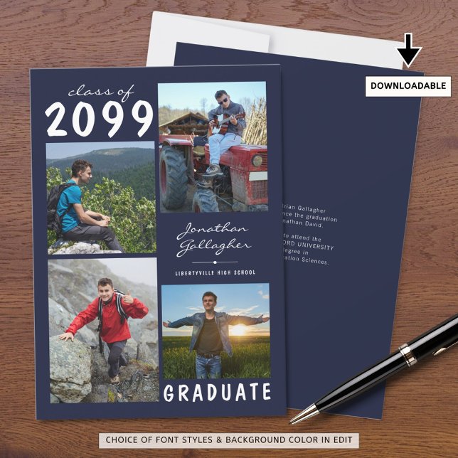 Graduation 4 Photo Handwritten Name | Navy & White Announcement (Creator Uploaded)