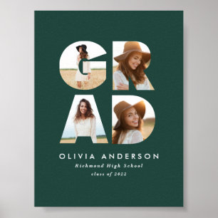 Graduation 4 photo modern announcement green  poster