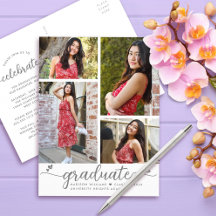 Graduation 4 Photo Modern Elegant Script Hearts