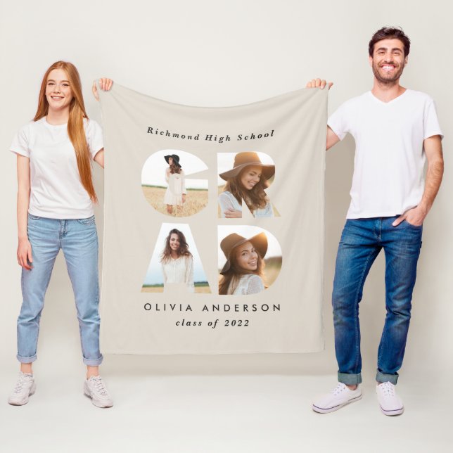 Graduation 4 photo modern personalised black white fleece blanket (In Situ)