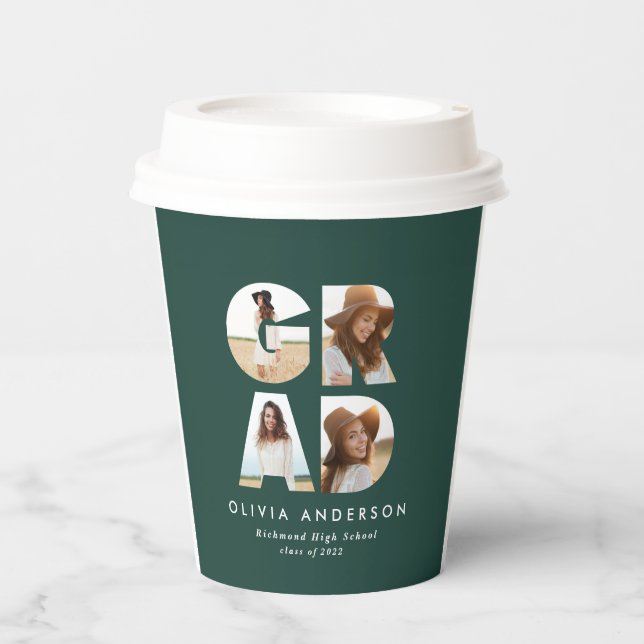 Graduation 4 photo modern personalised green paper cups (Front)