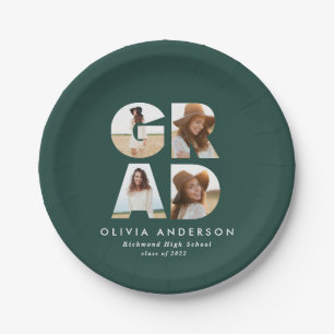 Graduation 4 photo modern personalised green  paper plate