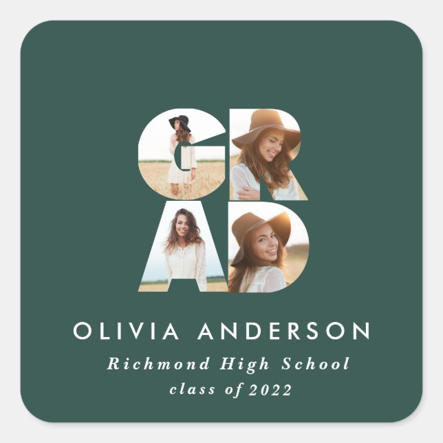 Graduation 4 photo modern personalised green square sticker (Front)