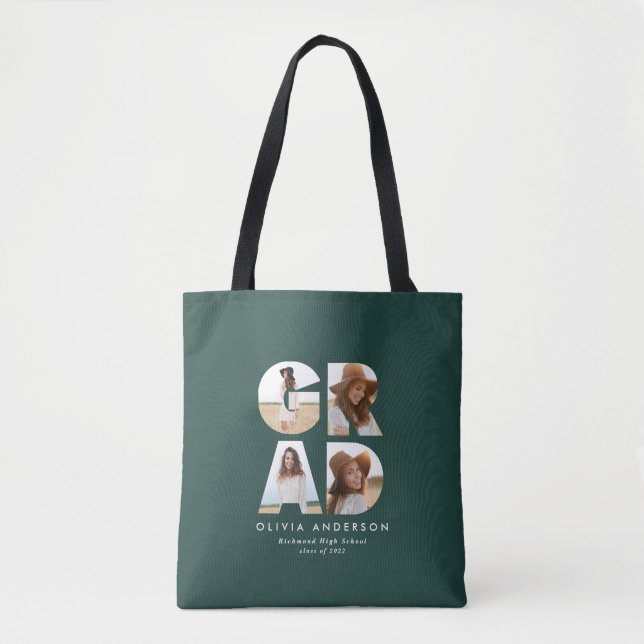 Graduation 4 photo modern personalised green tote bag (Front)