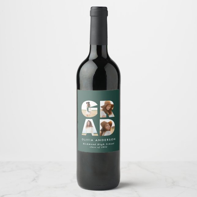 Graduation 4 photo modern personalised green wine label (Front)