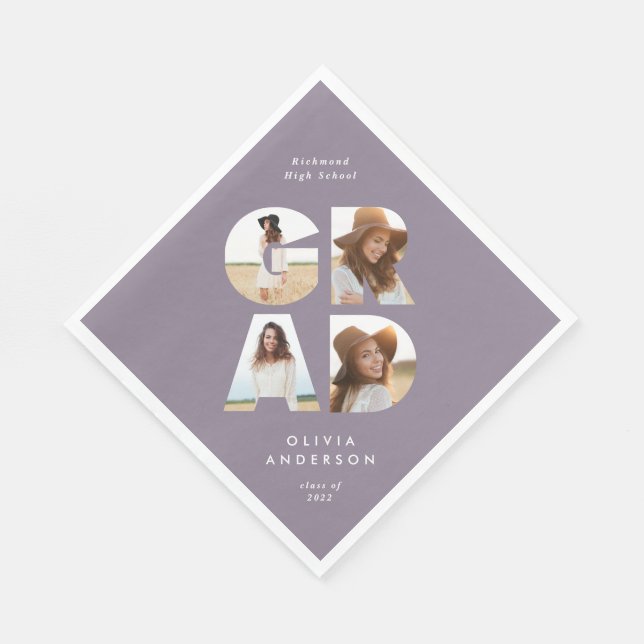 Graduation 4 photo modern personalised purple chic napkin (Corner)