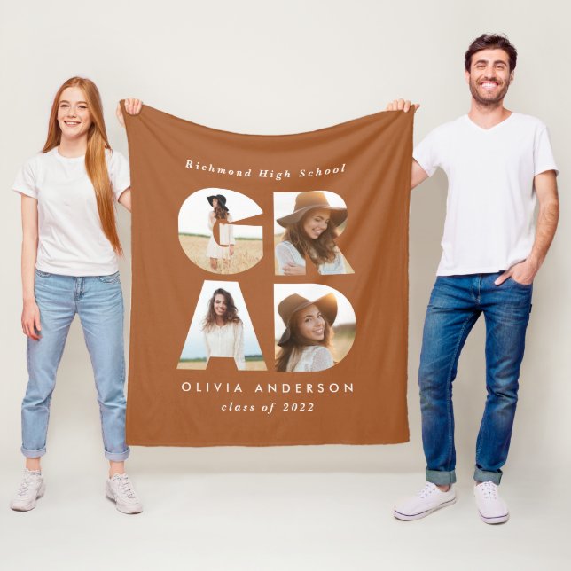 Graduation 4 photo modern personalised terracotta  fleece blanket (In Situ)