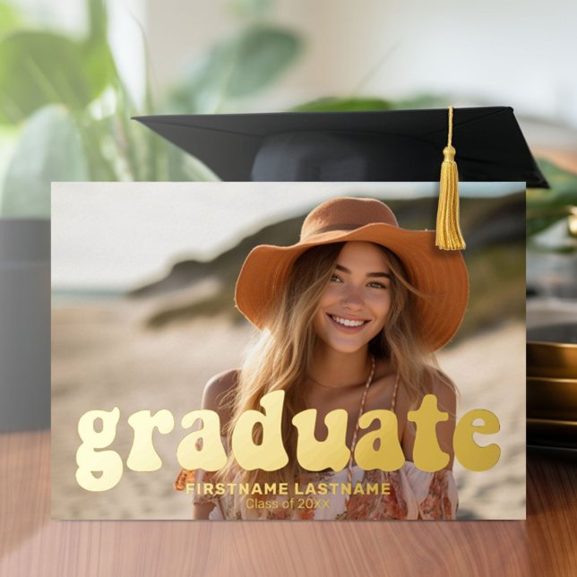 Graduation 4 Photo Retro Funky Gold Party (Graduation Party Invitation with Multiple Photos)