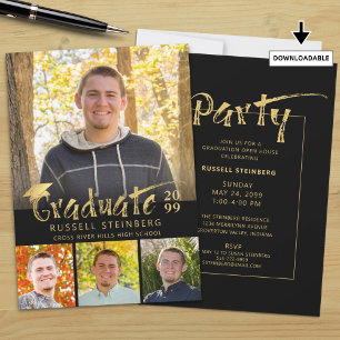 Graduation 4 Photos Gold Hand Lettered Black Invitation