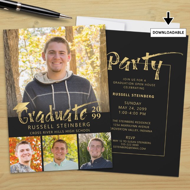 Graduation 4 Photos Gold Hand Lettered Black Invitation (Creator Uploaded)