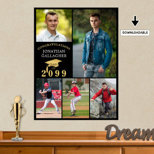 Graduation 5 Photo Collage Black Gold Cap Poster