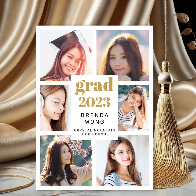Graduation 6 Photo Collage Gold Black Script White Announcement (Modern White Gold 6 photos Graduation Announcement)