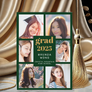 Graduation 6 Photo Collage Green Gold White Script