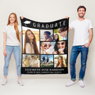 Graduation 7 Photo Collage Black Fleece Blanket