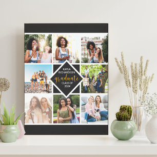 Graduation 8 Photo Collage Black and Gold Custom Canvas Print