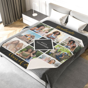 Graduation 8 Photo Grid Black and Gold Graduate Sherpa Blanket