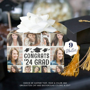 Graduation 9 Photo Collage Custom Text Colour Wrapping Paper