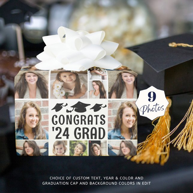 Graduation 9 Photo Collage Custom Text Colour Wrapping Paper (Creator Uploaded)