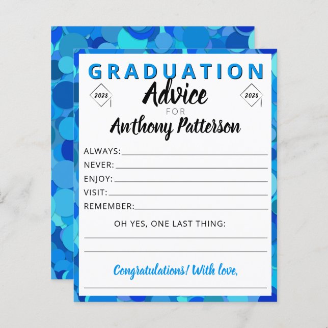 Graduation Advice Wisdom Card Confetti Blue Party (Front/Back)