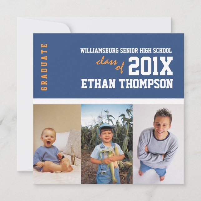 Graduation Announcement 3 Photo Collage in Blue (Front)