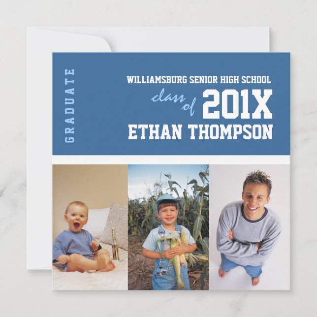 Graduation Announcement 3 Photo Collage in Blue (Front)