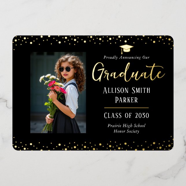 Graduation Announcement Black and Gold Photo (Front)