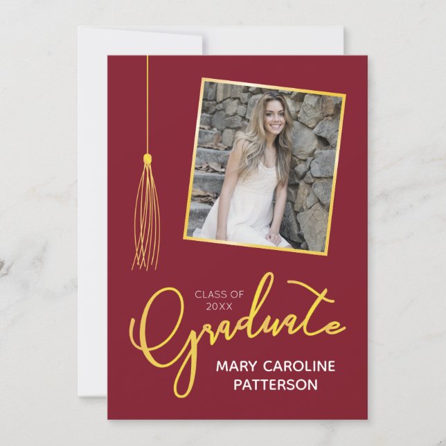 Graduation Announcement Classy Burgundy Gold Photo (Front)