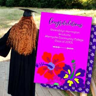 Graduation Announcement Hibiscus Art Hot Pink