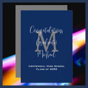 Graduation Announcement, Name Navy Blue White Grey Invitation