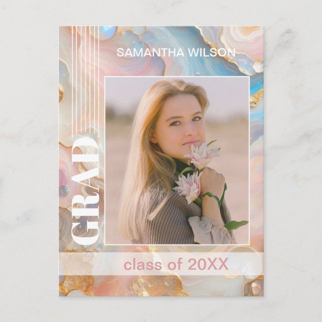 Graduation Announcement  On Pastel Marble Pattern Postcard (Front)