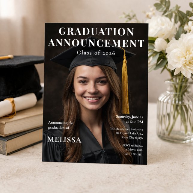 Graduation Announcement Photo Invite (Modern graduation announcement photo card with clean magazine style editable design)