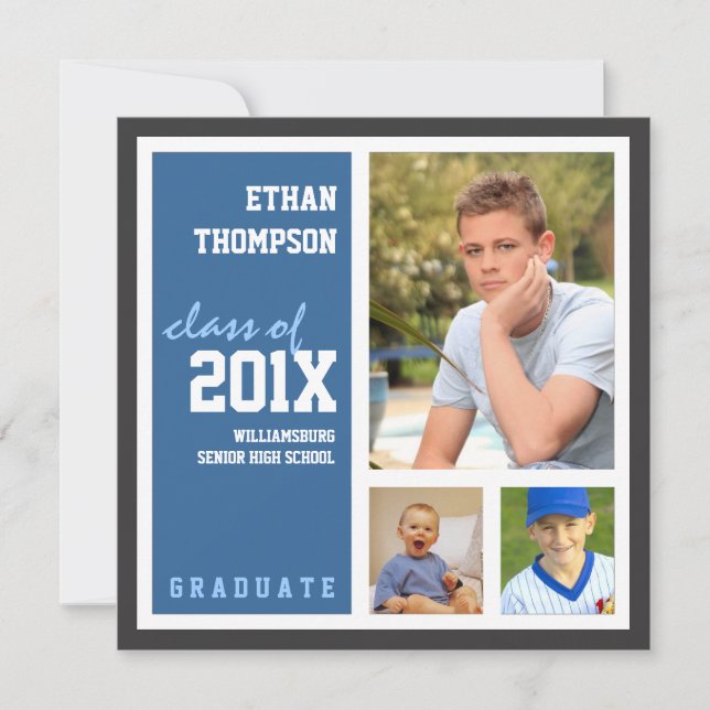 Graduation Announcement with 3 Photos in Blue (Front)