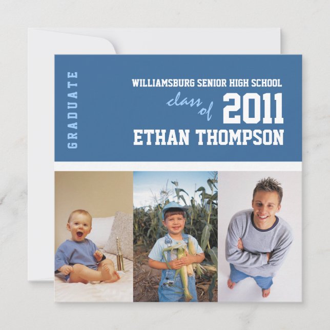 Graduation Announcement with 3 Photos in Blue (Front)