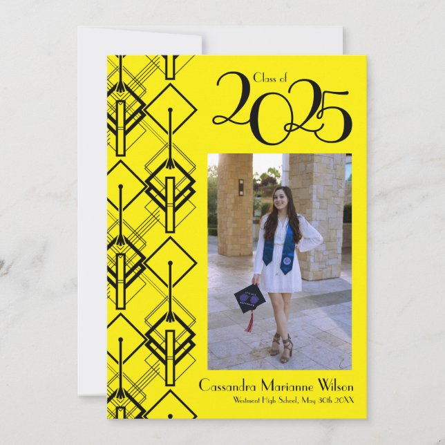 Graduation Art Deco Black Red Announcement (Front)