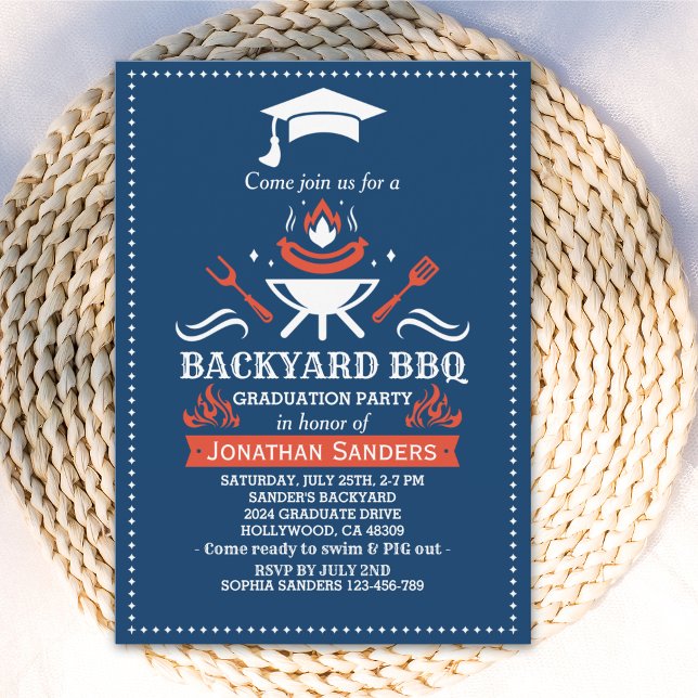 Graduation BBQ Backyard Navy Blue Invitation (Creator Uploaded)
