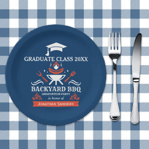 Graduation BBQ Backyard Navy Blue Paper Plate