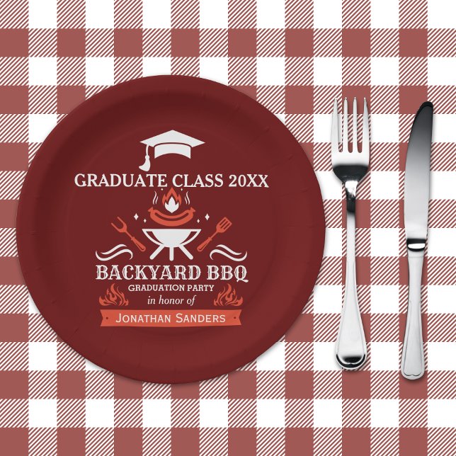 Graduation BBQ Backyard Party Red Color Paper Plate (Creator Uploaded)